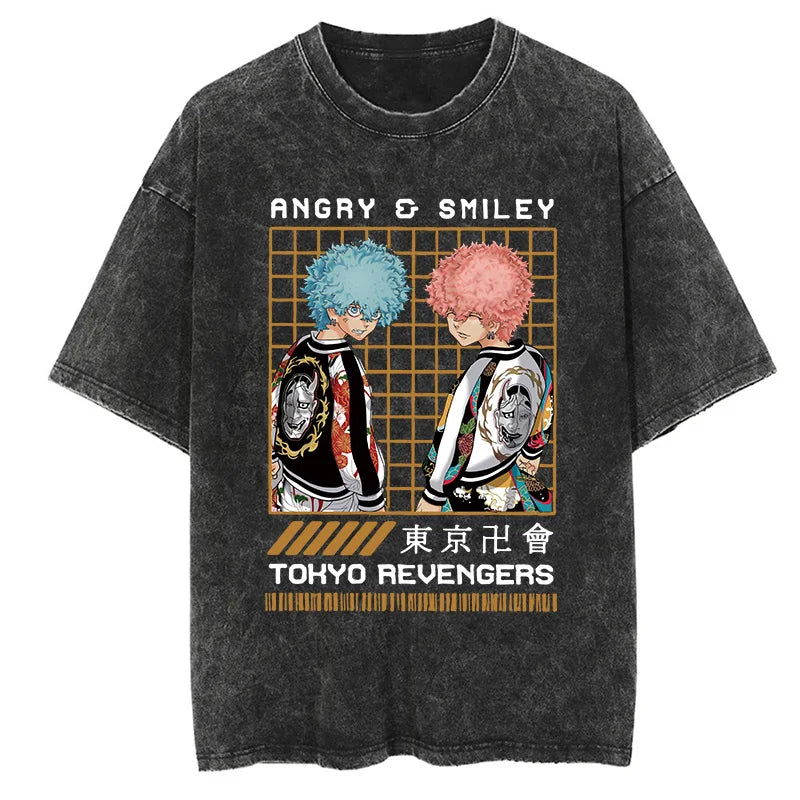Tokyo Revengers Angry & Smiley Twin Power Oversized Vintage T-Shirts