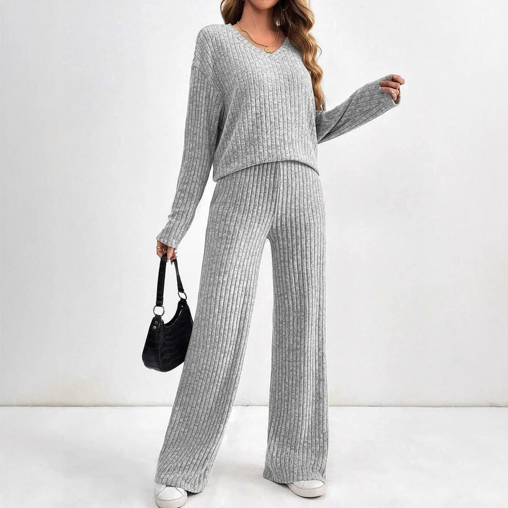 Women's Casual Knitted Straight Leg Pants V-Neck Striped Set Elegant Commute Fashion Autumn 2025 Long Sleeve Pure Color