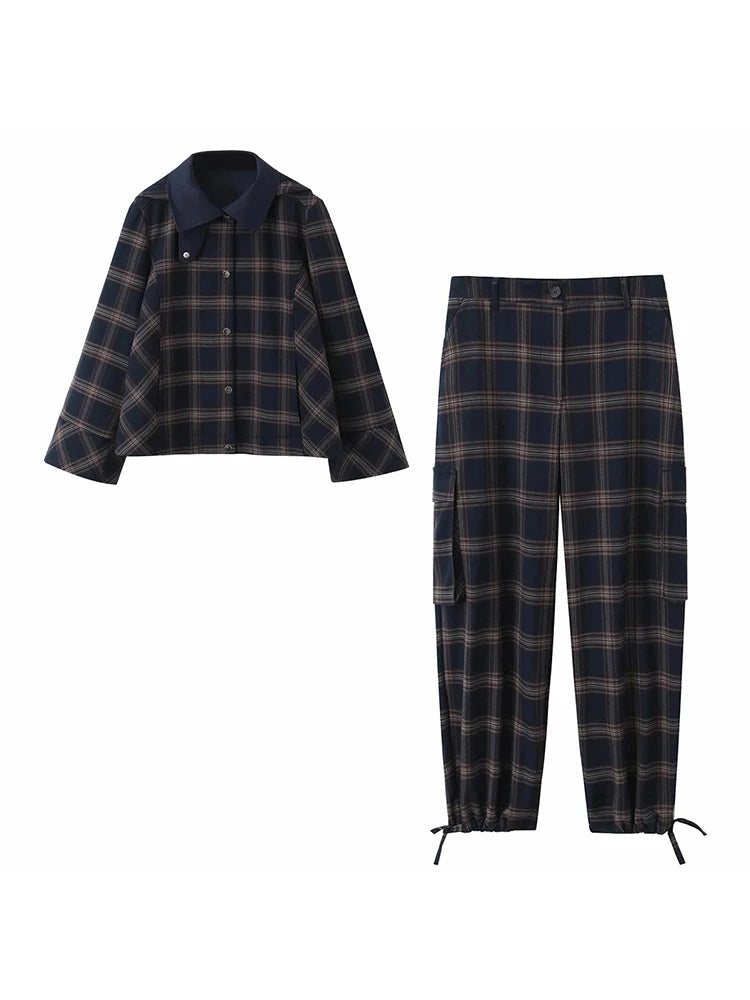 Women New Casual Chic Suit Checkered Hooded Jacket Loose Lantern Workwear Pants Fashion Autumn Winter Suits