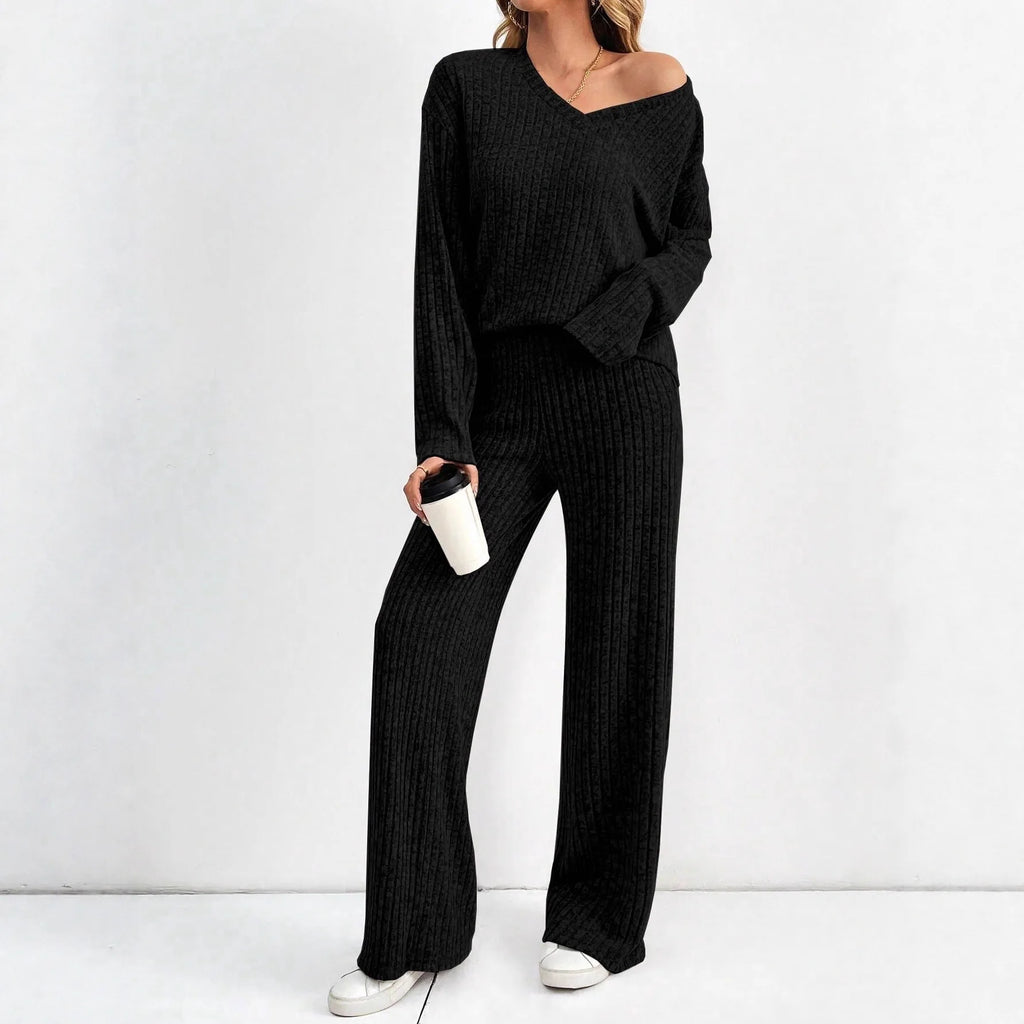 Women's Casual Knitted Straight Leg Pants V-Neck Striped Set Elegant Commute Fashion Autumn 2025 Long Sleeve Pure Color