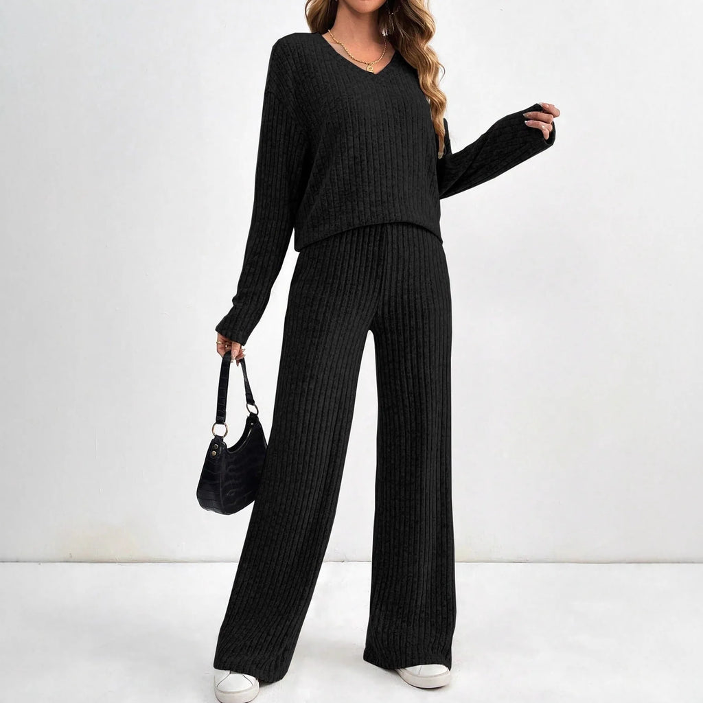 Women's Casual Knitted Straight Leg Pants V-Neck Striped Set Elegant Commute Fashion Autumn 2025 Long Sleeve Pure Color